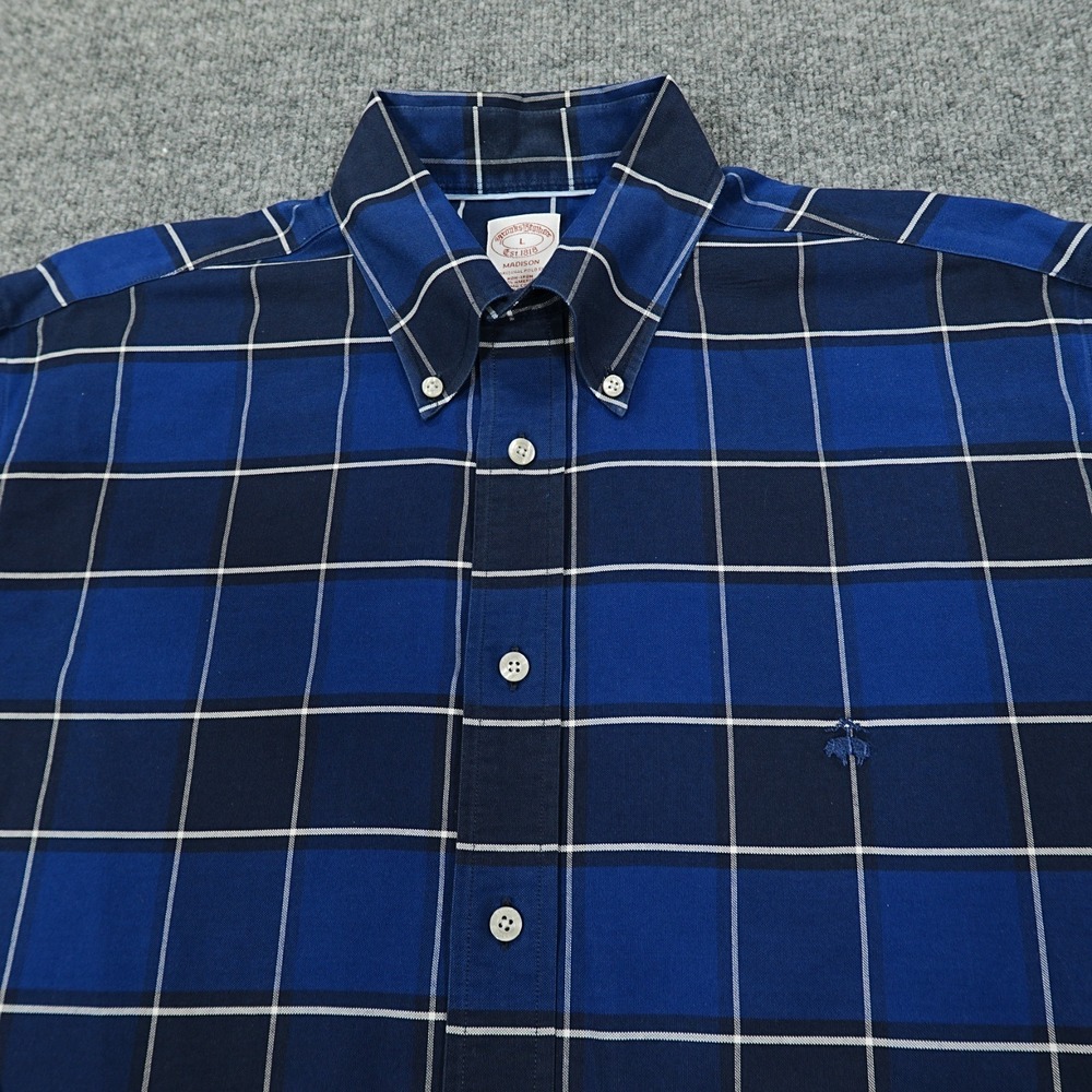 Brooks Brothers Shirt Large Blue Check Long Sleeve Button Up Oxford OCBD Madison